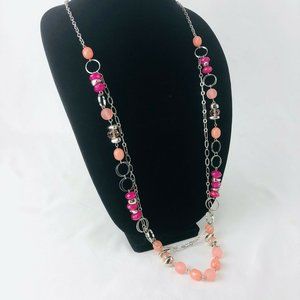 Color Necklace Pink Acrylic Beaded Silver-Tone Long Adjustable